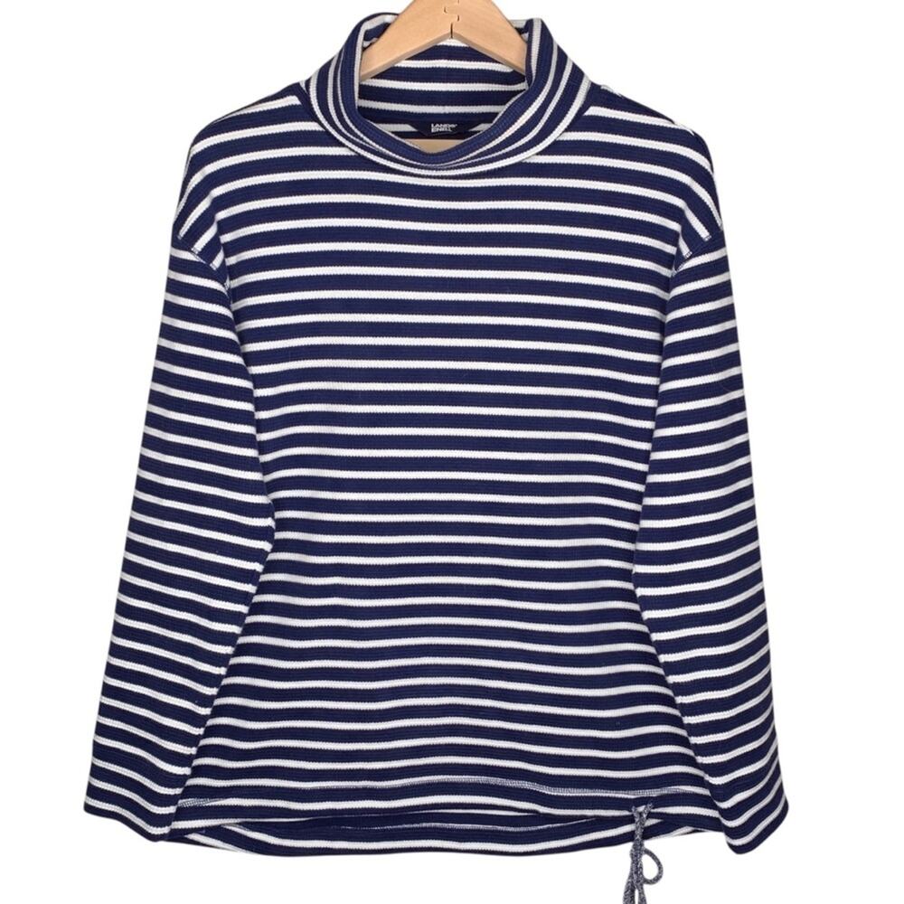 Lands End Waffle Knit Funnel Neck Top L Navy White Striped Drawstring Nautical
